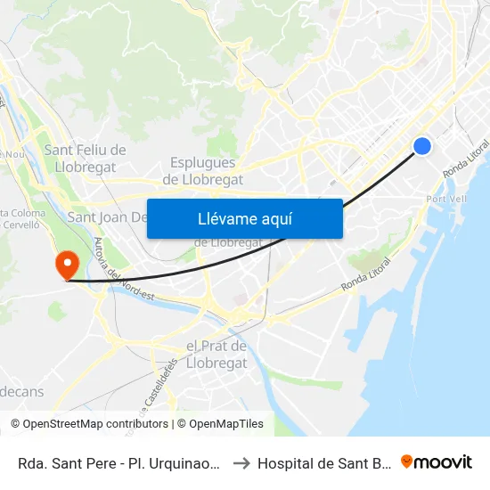Rda. Sant Pere - Pl. Urquinaona to Hospital de Sant Boi map