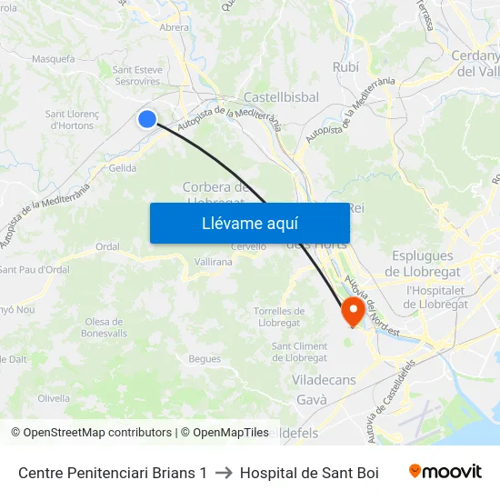 Centre Penitenciari Brians 1 to Hospital de Sant Boi map