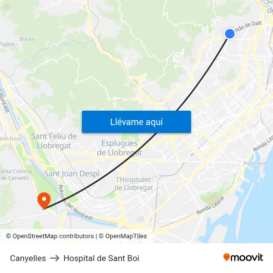 Canyelles to Hospital de Sant Boi map