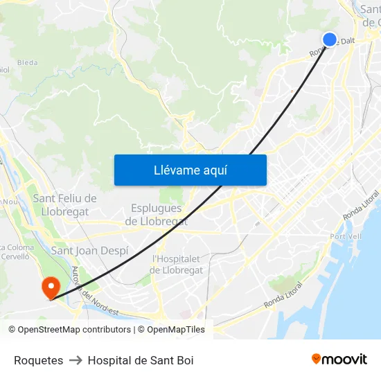 Roquetes to Hospital de Sant Boi map