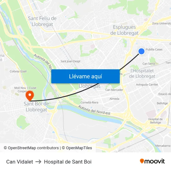 Can Vidalet to Hospital de Sant Boi map