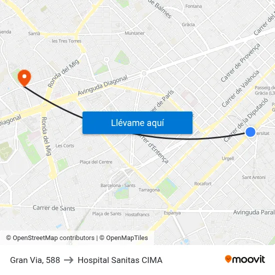 Gran Via, 588 to Hospital Sanitas CIMA map