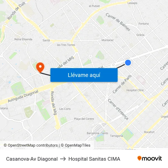 Casanova-Av Diagonal to Hospital Sanitas CIMA map