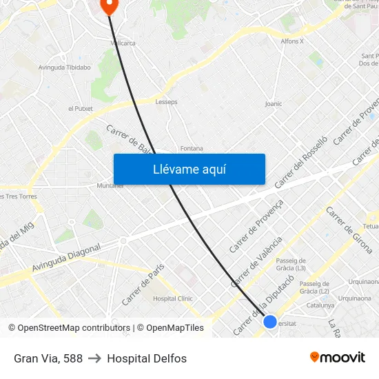 Gran Via, 588 to Hospital Delfos map