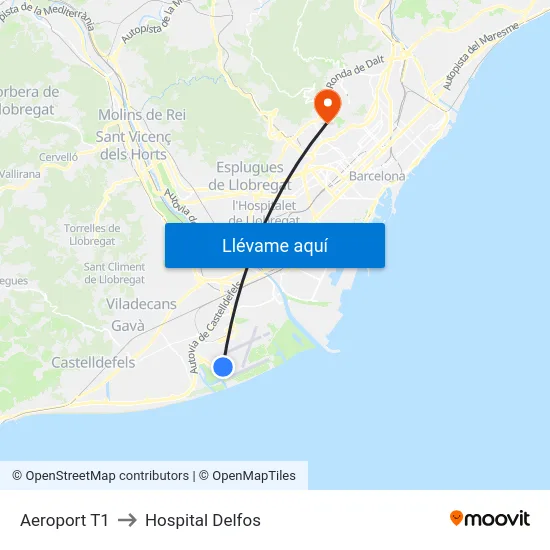 Aeroport T1 to Hospital Delfos map