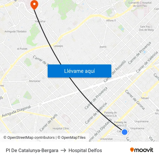 Pl De Catalunya-Bergara to Hospital Delfos map