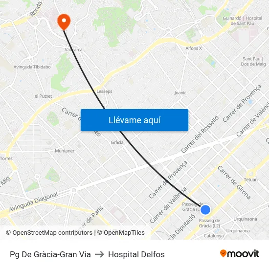 Pg De Gràcia-Gran Via to Hospital Delfos map