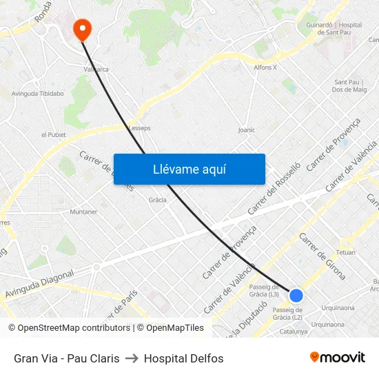 Gran Via - Pau Claris to Hospital Delfos map