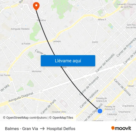Balmes - Gran Via to Hospital Delfos map