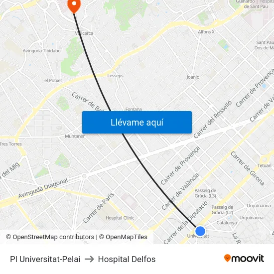 Pl Universitat-Pelai to Hospital Delfos map