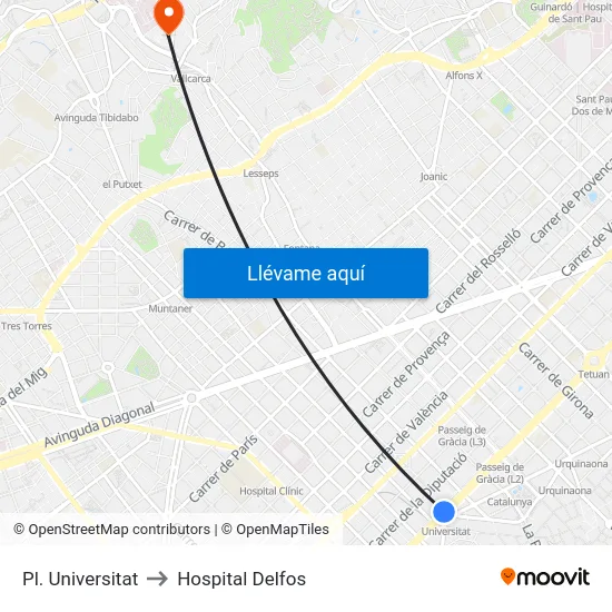 Pl. Universitat to Hospital Delfos map