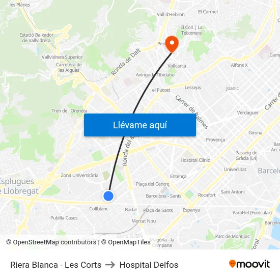 Riera Blanca - Les Corts to Hospital Delfos map