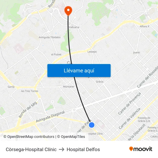 Còrsega-Hospital Clínic to Hospital Delfos map