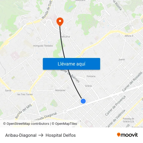Aribau-Diagonal to Hospital Delfos map