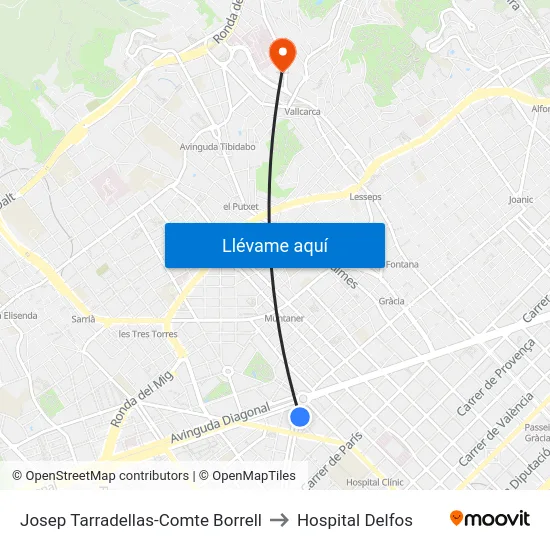 Josep Tarradellas-Comte Borrell to Hospital Delfos map
