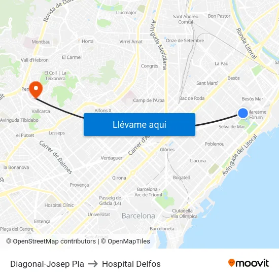 Diagonal-Josep Pla to Hospital Delfos map