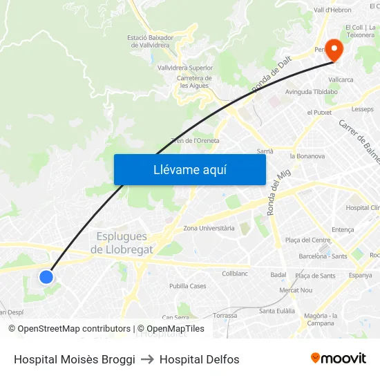 Hospital Moisès Broggi to Hospital Delfos map