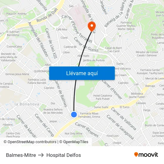 Balmes-Mitre to Hospital Delfos map