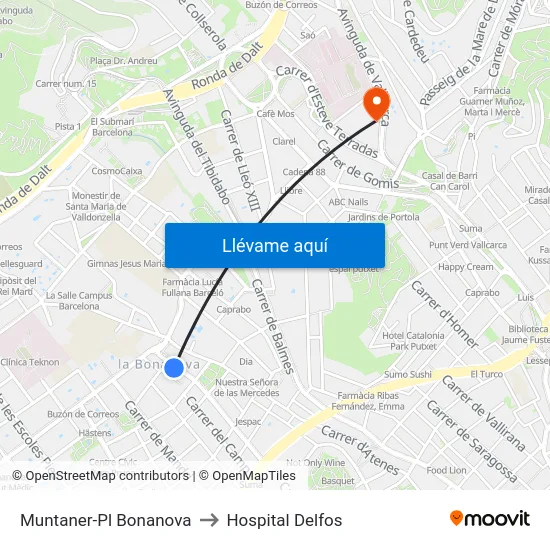 Muntaner-Pl Bonanova to Hospital Delfos map