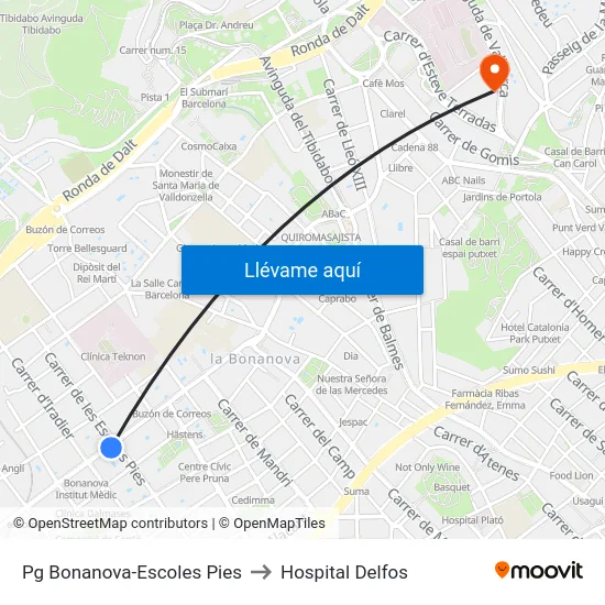 Pg Bonanova-Escoles Pies to Hospital Delfos map