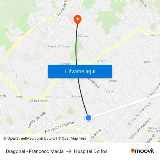 Diagonal - Francesc Macià to Hospital Delfos map