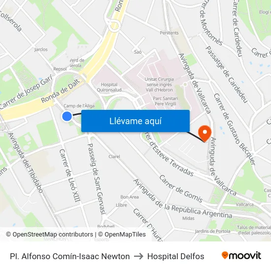 Pl. Alfonso Comín-Isaac Newton to Hospital Delfos map