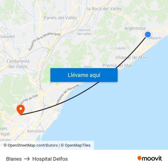 Blanes to Hospital Delfos map