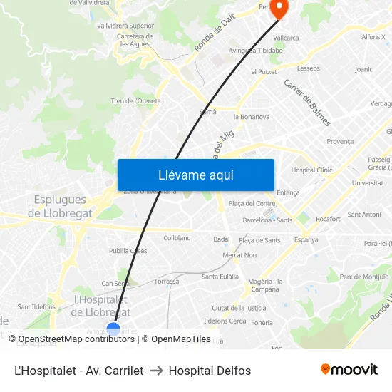 L'Hospitalet - Av. Carrilet to Hospital Delfos map