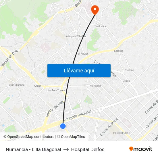 Numància - L'Illa Diagonal to Hospital Delfos map