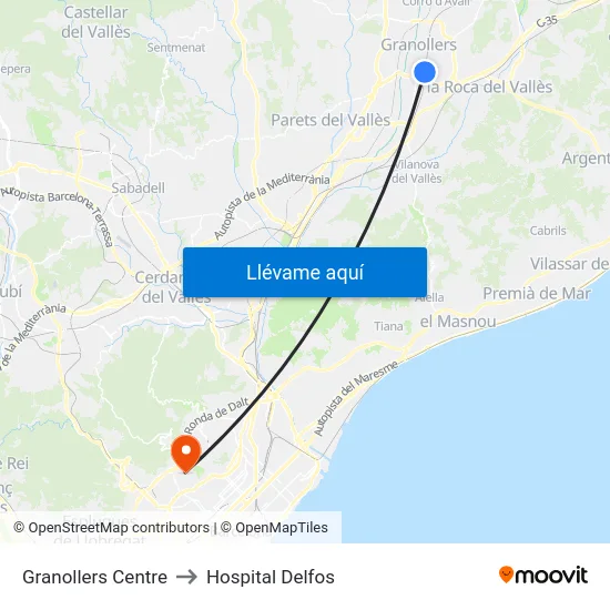 Granollers Centre to Hospital Delfos map
