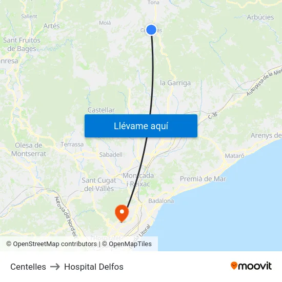 Centelles to Hospital Delfos map