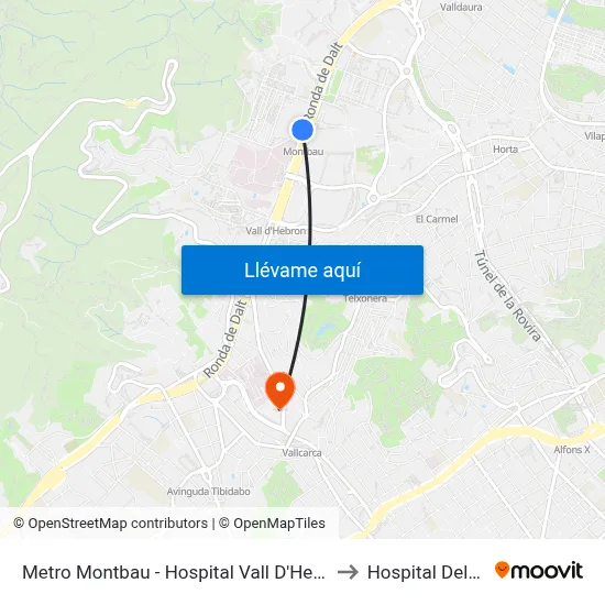 Metro Montbau - Hospital Vall D'Hebron to Hospital Delfos map