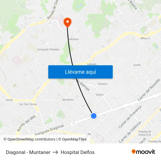 Diagonal - Muntaner to Hospital Delfos map
