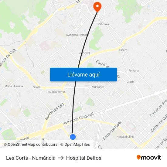 Les Corts - Numància to Hospital Delfos map