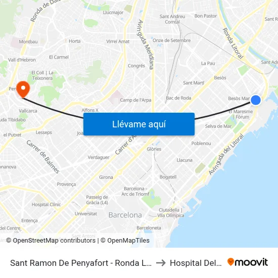 Sant Ramon De Penyafort - Ronda Litoral to Hospital Delfos map