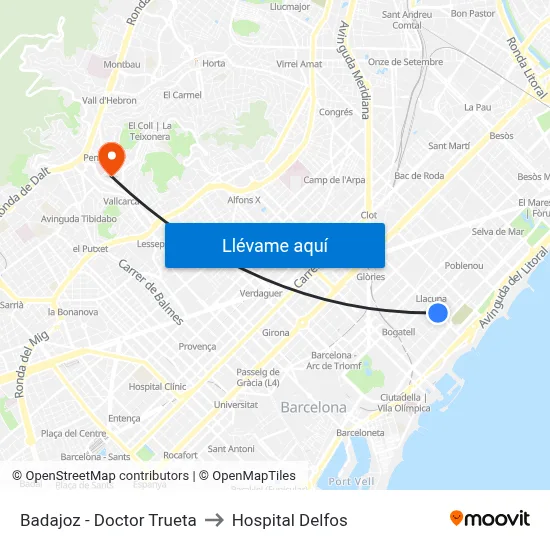 Badajoz - Doctor Trueta to Hospital Delfos map