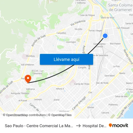 Sao Paulo - Centre Comercial La Maquinista to Hospital Delfos map