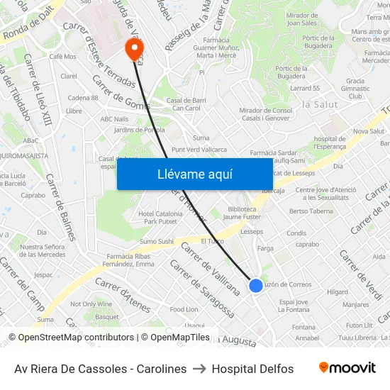 Av Riera De Cassoles - Carolines to Hospital Delfos map