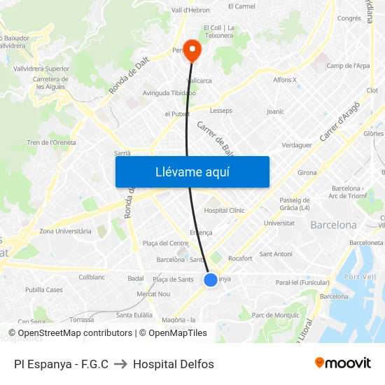Pl Espanya - F.G.C to Hospital Delfos map