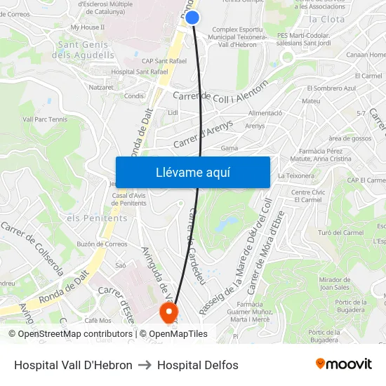 Hospital Vall D'Hebron to Hospital Delfos map