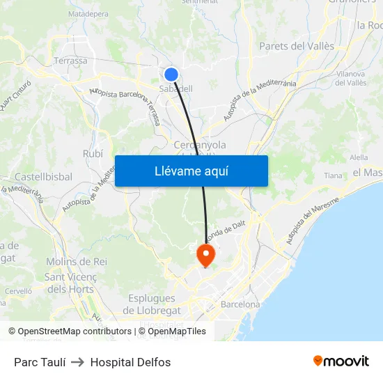 Parc Taulí to Hospital Delfos map