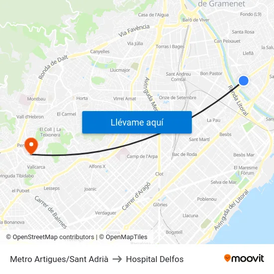 Metro Artigues/Sant Adrià to Hospital Delfos map