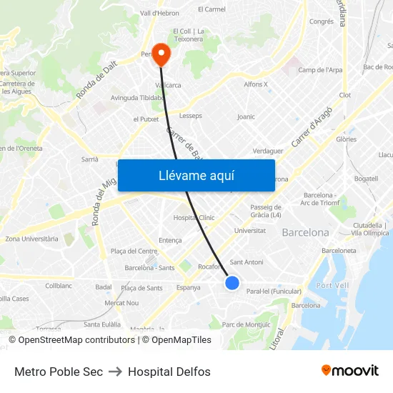 Metro Poble Sec to Hospital Delfos map