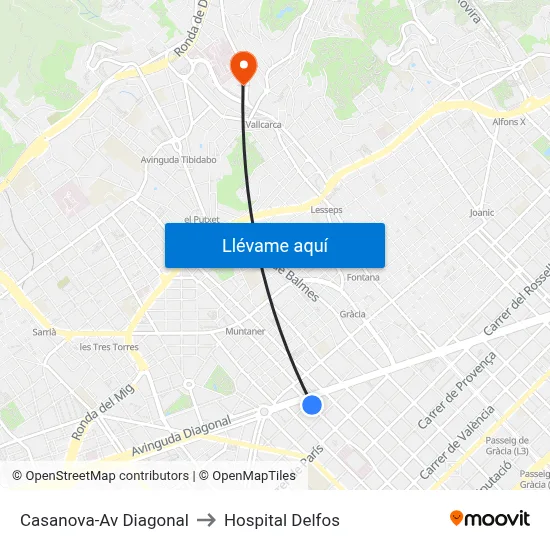 Casanova-Av Diagonal to Hospital Delfos map