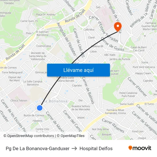 Pg De La Bonanova-Ganduxer to Hospital Delfos map