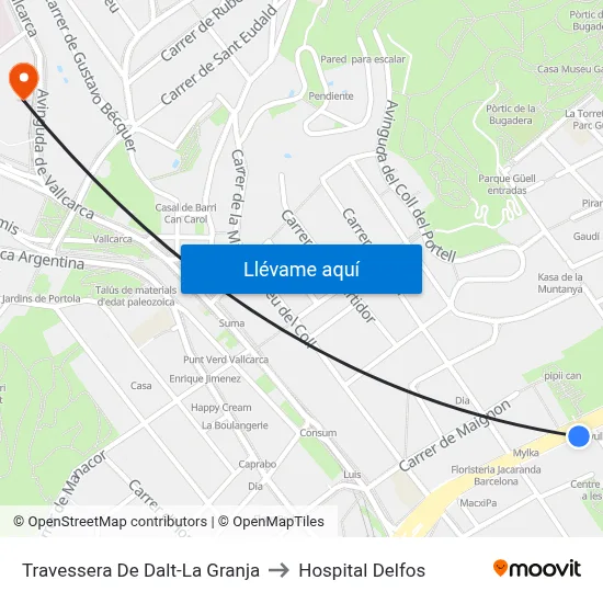 Travessera De Dalt-La Granja to Hospital Delfos map