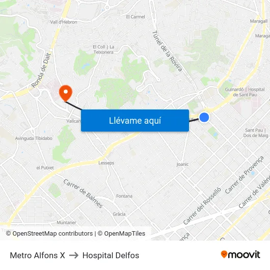 Metro Alfons X to Hospital Delfos map