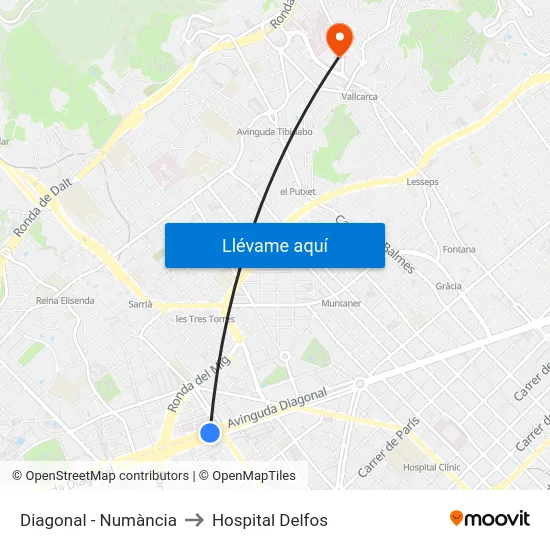 Diagonal - Numància to Hospital Delfos map