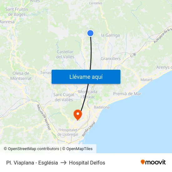 Pl. Viaplana - Església to Hospital Delfos map