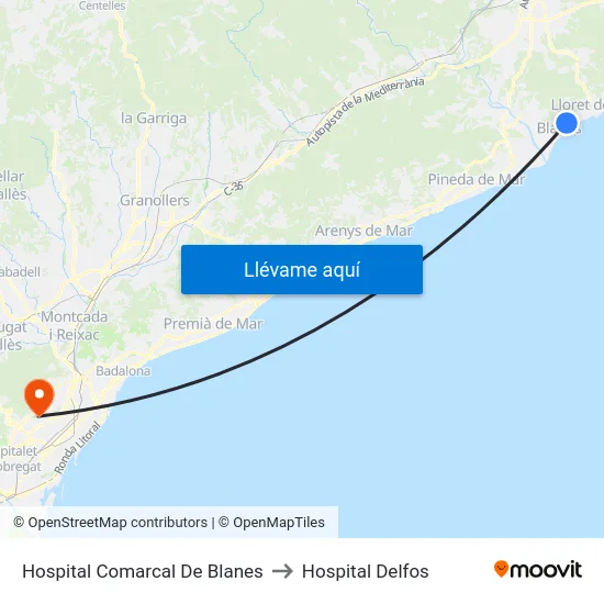 Hospital Comarcal De Blanes to Hospital Delfos map